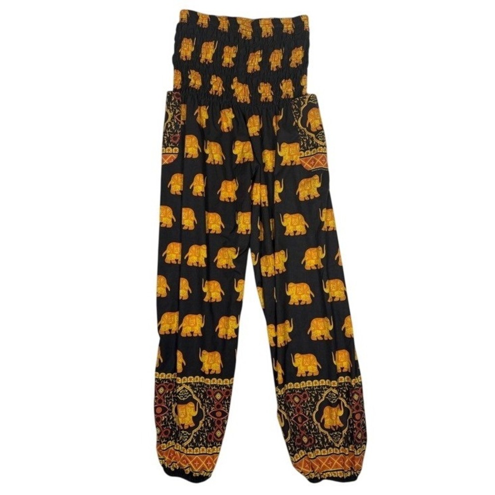 Elephant Print Smocked Waist Harem Pants Black Gold Boho Hippie Yoga Trousers